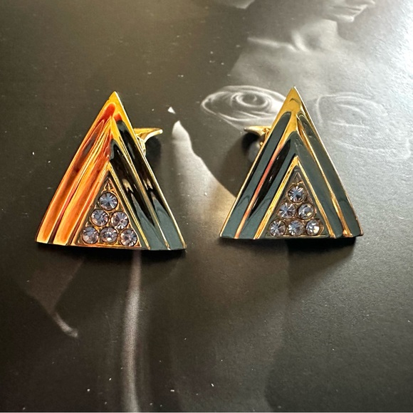 1990s Vintage Gold Tone Triangular Clip On Earrings with Clear Crystal Accents - Picture 4 of 11
